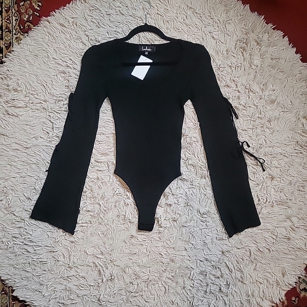 Lulus Bodysuit Black Sweater Top Wide Sleeve Cut Out and Ties Detail Size XS ✨️